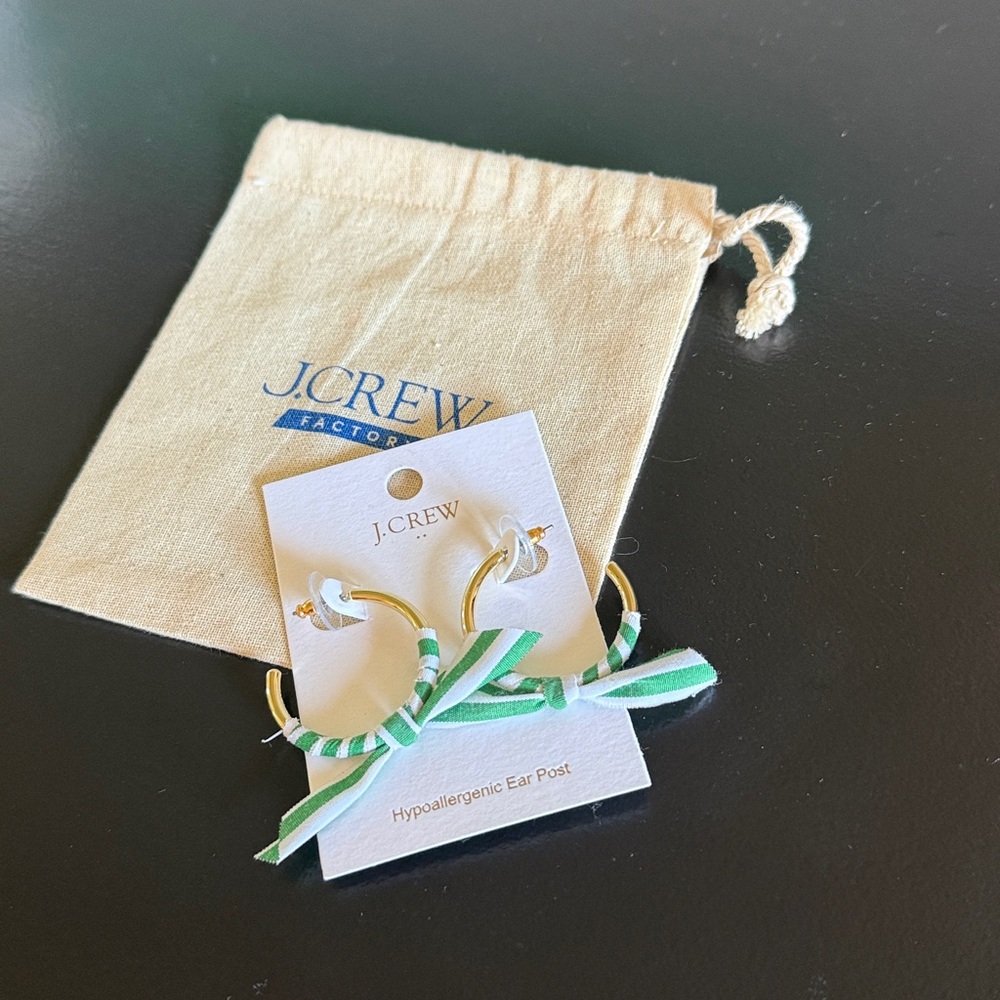 J. Crew Factory NWT Gold Hoop Earrings with Green & White Striped Bow Wraps